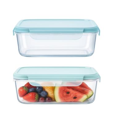 Imagem de Kit 2 Pote De Vidro Marmita Hermético Retangular Com Tampa Azul Vedação 640ml Em Casa Tem