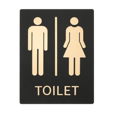 Imagem de PATIKIL 1 pacote de placa de banheiro, 20 x 28 cm, unissex, autoadesivo, engraçado, metal, neutro, fofo, para negócios, casa, banheiro, porta, parede, feminino, masculino, dourado, estilo 1