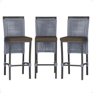 Imagem de 3 Banqueta Em Alumínio Roma Preta Corda Náutica Tecido 9 Prata