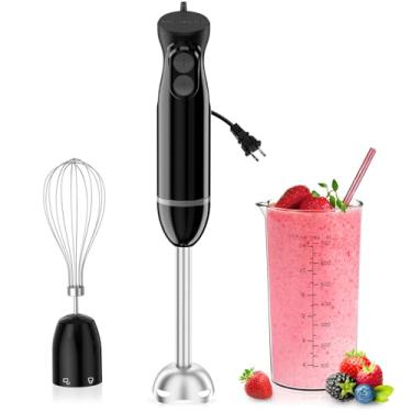 Imagem de Bonsenkitchen — Liquidificador de imersão portátil, 12 velocidades e função turbo, lâminas afiadas, 3 em 1 com batedor de ovos e copo medidor de 700 ml para sopas, smoothies e molhos