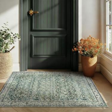 Imagem de Tapetes de cozinha antiderrapantes laváveis boho vintage floral Natal estilo casa de fazenda tapete de área pequena para banheiro pia banho entrada interior, 2x3, verde escuro