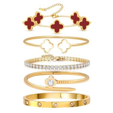 Imagem de Arthur Liu Conjunto de 5 pulseiras empilháveis de flores da sorte, One Size, Aço inoxidável, Zircônia cúbica