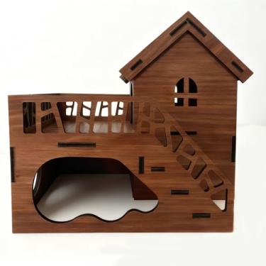 Imagem de EIGHTSTATES Gaiola de hamster de madeira, casa de hamster de madeira natural multicâmara com plataforma subterrânea e varanda, habitat mastigável semelhante a labirintos para hamsters, ratos, hamsters