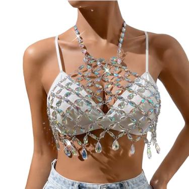 Imagem de Corrente corporal com strass, prata, frente única, cristal, corrente no peito, praia, biquíni, boate, tops cropped para mulheres