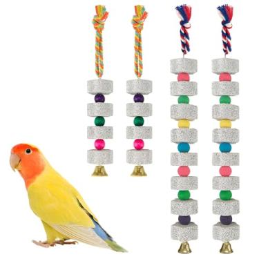 Imagem de Diakey Pacote com 4 brinquedos para mastigar papagaio, bico de pássaro, pedra de cálcio com sino, acessórios de gaiola de bloco mineral de lava para periquito, arara, cacatua, rato, calopsita, longo +