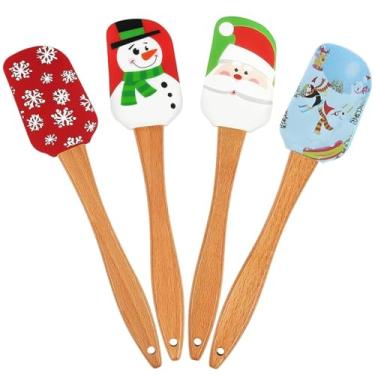 Imagem de Conjunto de espátulas de silicone de Natal, 4 peças, espátulas de creme antiaderentes, espátulas de bolo, raspador de Natal com cabo de madeira, utensílios de cozinha resistentes ao calor para