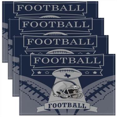 Imagem de Erosebridal Jogo americano retrô esportivo 30,5 x 45,7 cm, tapete colorido do time de futebol americano, jogo de bola 3D, fãs de futebol, capacete, jogador de rúgbi, tapetes de refeição resistentes ao