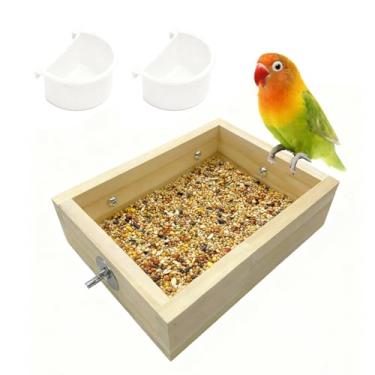 Imagem de Alimentador de pássaros para gaiola, prato de comida de madeira para papagaios de pássaros pequenos a médios, tigelas de água para comida de plástico para conure, periquito, periquito, calopsita