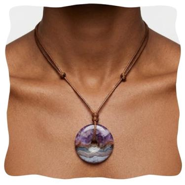 Imagem de LDADAN Colar de ágata de ametista, colar com pingente de pedra preciosa circular de 30 mm para mulheres, colar de amuleto de cristal natural ajustável, 20, Couro, Ametista + ágata