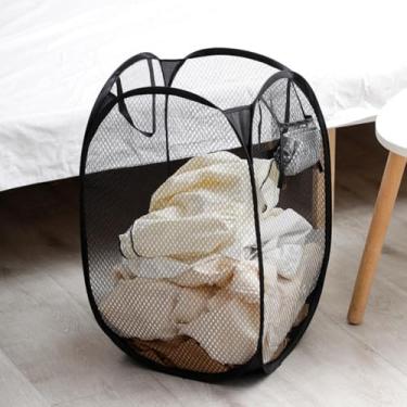 Imagem de 1 cesto de roupa suja dobrável com alças, cesta de malha de grande capacidade para uso em dormitório e apartamento, preto, M