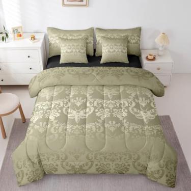 Imagem de Erosebridal Conjunto de edredom gótico casal, 7 peças, cama gótica verde-oliva em uma bolsa com lençóis, vintage, damasco, boêmio, boêmio, animal, para crianças e adultos, conjunto de cama floral