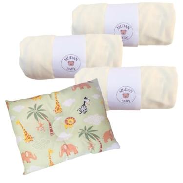 Imagem de Kit Lençol 100% Algodão Malha Elástico Total e Travesseiro Anatômico Safari Berço Carrinho | Adventure Lovers