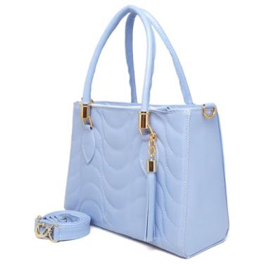 Imagem de Bolsa de Mão Feminina, Couro Branco, Alça Transversal Removível, Detalhes em Metal Dourado (Azul)