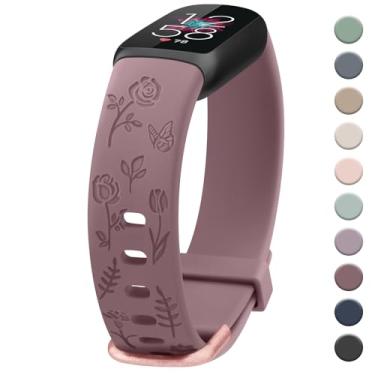 Imagem de Pulseira feminina com gravação floral, compatível com Fitbit Luxe, pulseiras esportivas macias de substituição para monitor de fitness e bem-estar Fitbit Luxe (violeta moke)