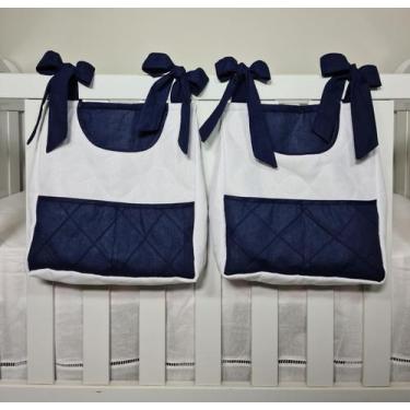Imagem de Porta Fraldas Para Berço Porta Treco 2 Peças Azul Marinho com Branco -