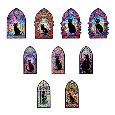 Imagem de BKBKAAK Conjunto de 9 pinos esmaltados para mulheres, crianças e meninas - Design de vitral de arco gótico com gato preto e flores - broches fofos para mochilas, alfinetes de chapéu, jaquetas ou