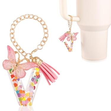 Imagem de Acessórios de copo com pingente de letra, lindo alfabeto para decoração de copo com alça de caneca, corrente inicial com borboleta, para Stanley Tumblers, presente feminino