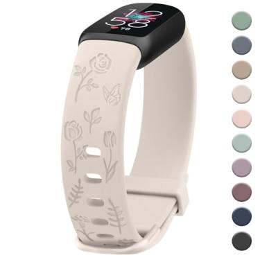Imagem de Pulseira feminina com gravação floral, compatível com Fitbit Luxe, pulseiras esportivas macias de substituição para monitor de fitness e bem-estar Fitbit Luxe (Starlight)