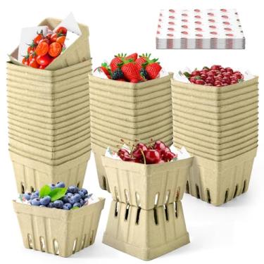 Imagem de Cesta de frutas silvestres de fibra de polpa natural com 50 folhas de papel encerado, cestas de produtos ventiladas moldadas para morango, mirtilo, vegetais e lanches, para colheita de frutas, mercado