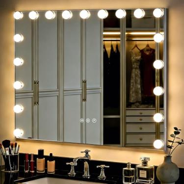 Imagem de THEKLA Hollywood espelho de maquiagem com luzes de escurecimento 3 cores 18 lâmpadas 61 x 81 centímetros grande espelho iluminado para quarto suporte de parede espelho de mesa de maquiagem com lupa