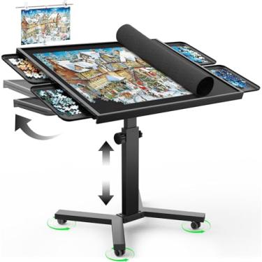 Imagem de Mesa de quebra-cabeça de 1500 peças com gavetas e pernas, mesa grande de quebra-cabeça de 71 cm x 89 cm para adultos, altura ajustável e 12 ângulos de inclinação, placa de quebra-cabeça de madeira com
