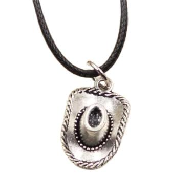 Imagem de EDCRFV Colar de chapéu de cowboy pingente de prata tibetano cordão de couro preto feito à mão