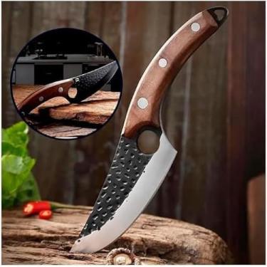 Imagem de Faca Artesanal Damasco, 28cm Total, Lâmina em Aço Inox 16cm, Cabo em Madeira, com Bainha de Pano, para Pesca, Camping, Caça e Tático