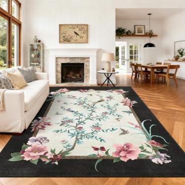 Imagem de GarveeHome Tapete de área 22 x 30,5 cm, estilo chinês, lavável, 22,5 x 30,5 cm, borboleta colorida oriental, tapete floral, antiderrapante, para crianças, sala de estar, quarto, berçário, jantar