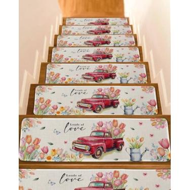 Imagem de Passos de escada 20,3 x 76,2 cm (15 peças), flor de primavera, tulipas vermelhas, caminhões, escadas, corredores, tapete de escada, tapete de escada, colorido, floral, antiderrapante, para crianças