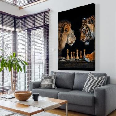 Imagem de Quadro Disputa Xadrez Entre Leão E Tigre - HP, Chassi borda infinita, 