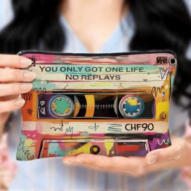 Imagem de Fita cassete artística vintage pequena bolsa de maquiagem para mulheres, estilo rabisco, bolsa de higiene de viagem, bolsa cosmética para acampamento, academia, presentes de aniversário retrô