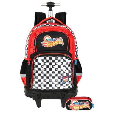 Imagem de Kit Hot Wheels Mochila 2EM1 Costas Rodas + Estojo Triplo, Vermelho