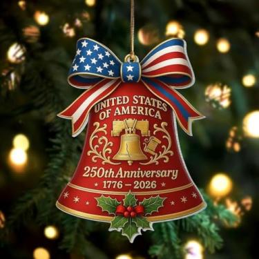 Imagem de Enfeite comemorativo de Natal com sino comemorativo de 250º aniversário | Decoração patriótica semiquincentenária | Presente de lembrança de marco histórico americano para veteranos, colecionadores e