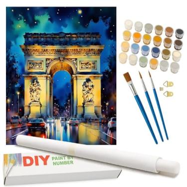 Imagem de Kit de pintura por números Paris Landmark para adultos – Pintura DIY Arco do Triunfo Night Drive em tela enrolada 40,6 x 50,8 cm, conjunto de tinta acrílica, adequado para iniciantes, arte para