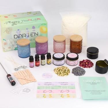 Imagem de DARJEN Kits de fabricação de velas – suprimentos para fabricação de velas de soja para adultos, incluindo 4 frascos de vela (âmbar, rosa, azul, roxo), latas de vela, cera, aromas, flores secas e muito