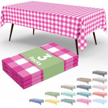 Imagem de misaya Pacote com 3 toalhas de mesa descartáveis de búfalo, 137 x 272 cm, toalha de mesa de plástico impermeável, retangular, rosa choque e branco, capas de mesa quadriculadas para piquenique