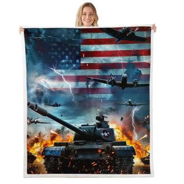 Imagem de Manta de lã de ovelha com bandeira americana, cobertor de lã para cama com tema militar, cobertor de pelúcia para meninos, homens, camuflagem, quarto, avião, bandeira nacional, aeronaves, cobertor