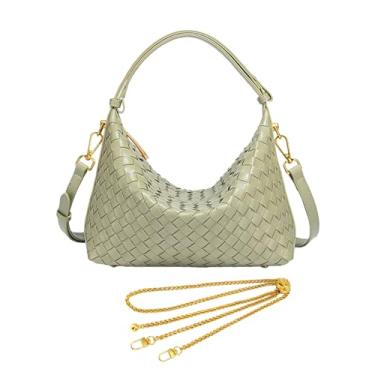 Imagem de Bolsa de ombro de camurça tecida com 2 alças de estilo, bolsas femininas de tecido de couro vegano, alça superior ajustável, Poliuretano verde claro, free, Bolsa leve de luxo/bolsa com alça superior