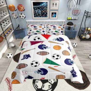 Imagem de Erosebridal Jogo de cama solteiro esportivo com bola e futebol de rúgbi, para crianças, adolescentes e adultos, quarto de beisebol, taco de futebol, edredom para todas as estações