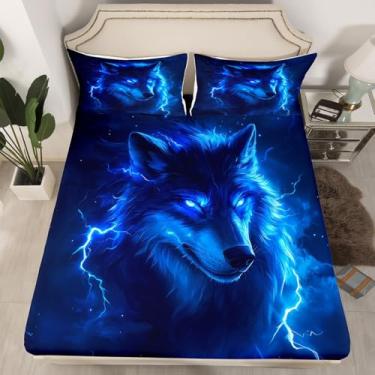 Imagem de jejeloiu Jogo de lençol solteiro, estampa 3D, lobo relâmpago, lobos, uivando, 1 lençol com elástico + 1 fronha (sem lençol de cima)