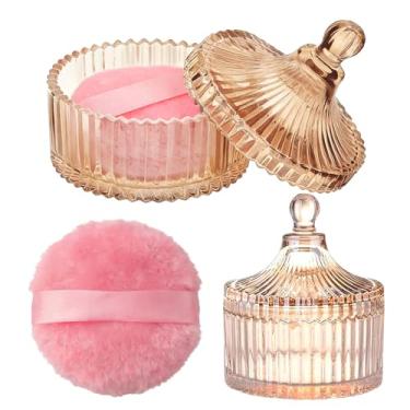 Imagem de Conjunto de puff e recipiente de pó corporal, frascos de armazenamento de vidro de cristal de 10 cm com tampa à prova de poeira para pó solto com enchimento macio lavável e reutilizável (âmbar)