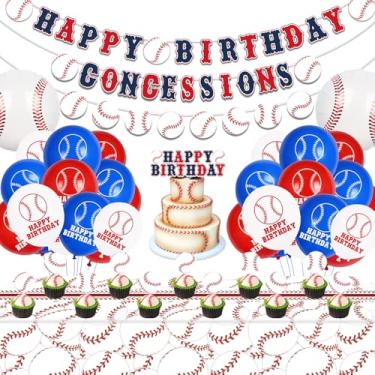 Imagem de Decorações de festa de beisebol, faixa de feliz aniversário, faixa de concessões, topos de bolo com tema de beisebol, balões de látex e toalha de mesa para festa infantil, esportes, artigos de festa