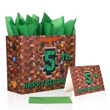 Imagem de Sacolas Presente para Aniversário de 5 Anos, Sacolas de Lembrancinhas com Tema Pixel Cartão Felicitações em Papel Seda e Envelope Artigos para Festa Decoração Aniversário com Tema Videogame
