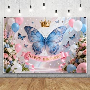 Imagem de Leowefowa Pano de fundo de feliz aniversário de 3 x 2,4 m, elegante, borboleta, floral, coroa, para fotografia, colorido, rosa, flor, balão, tema de fada, menina, banner, decoração de estúdio
