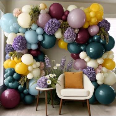 Imagem de Arco de balão azul, amarelo e roxo, kit de guirlanda de balão azul empoeirado roxo com 6 peças de flores artificiais de hortênsia para chá de bebê, aniversário, decoração de festa de casamento floral