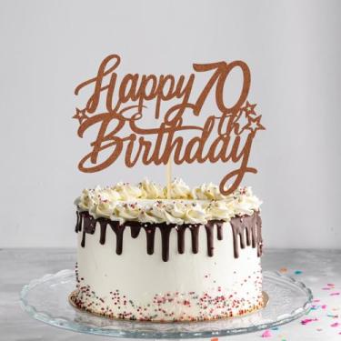 Imagem de Topo de bolo marrom com glitter feliz 70º aniversário - torcida para festas temáticas de 70 anos, 70 festas temáticas fabulosas, decorações de bolo de festa temática de aniversário de 70 anos