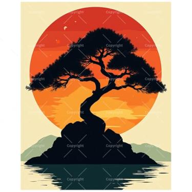 Imagem de Kit de pintura de árvore por números para adultos - Silhueta de árvore de bonsai DIY com pintura do pôr do sol em tela 40,6 x 50 cm, conjunto de tinta acrílica, adequado para iniciantes, arte de
