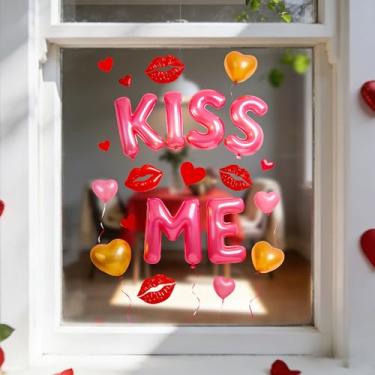Imagem de Adesivos de janela dupla face adesivos de janela de dia dos namorados com lábios vermelhos design de balões coloridos decalques de janela reutilizáveis para decoração de portas de vidro de aniversário