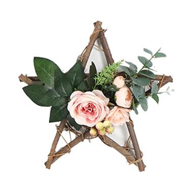 Imagem de Pingente de estrela de cinco pontas de madeira artificial rosa guirlanda flores guirlanda porta rattan decoração de casamento (cor: estilo a)