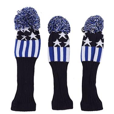 Imagem de Capa para cabeça de taco de golfe, protetores de fios de lã de malha premium para motoristas, madeiras no.1 3 5, elástico macio, durável, conjunto de 3 peças (Azul Branco)